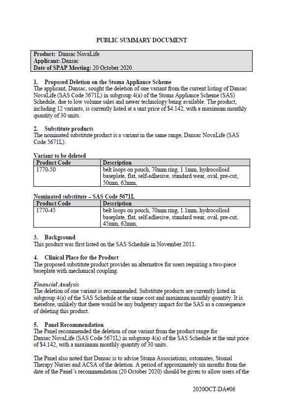 Cover image for SPAP public summary documents – October 2020 – Dansac NovaLife two-piece baseplate with mechanical coupling