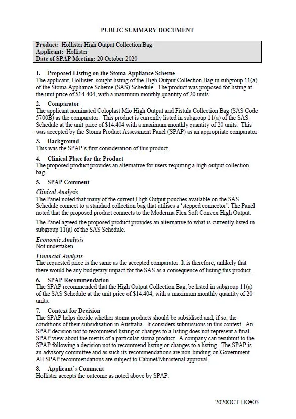 Cover image for SPAP public summary documents – October 2020 – Hollister high output collection bag