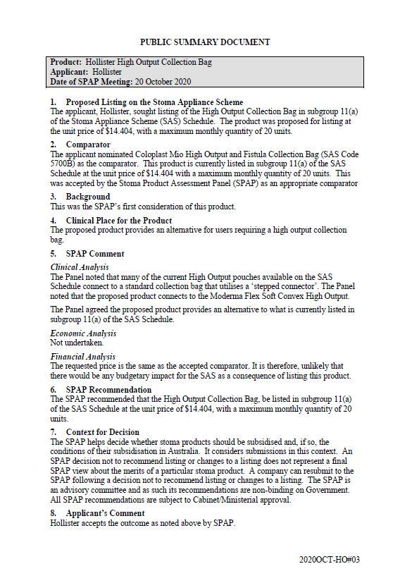 Cover image for SPAP public summary documents – October 2020 – Hollister high output collection bag