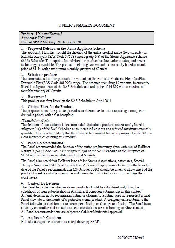 Cover image for SPAP public summary documents – October 2020 – Hollister Karaya 5