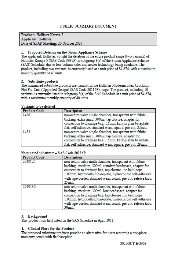 Cover image for SPAP public summary documents – October 2020 – Hollister Karaya 5 one-piece urostomy pouch with flat baseplate