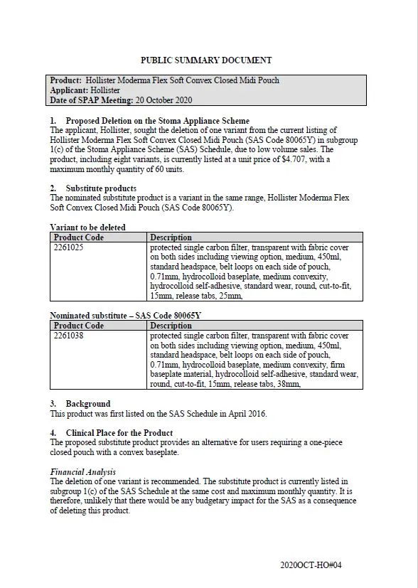 Cover image for SPAP public summary documents – October 2020 – Hollister Moderma Flex soft convex closed midi pouch
