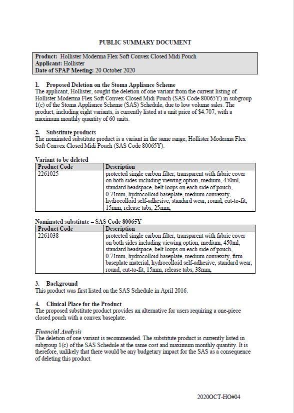 Cover image for SPAP public summary documents – October 2020 – Hollister Moderma Flex soft convex closed midi pouch