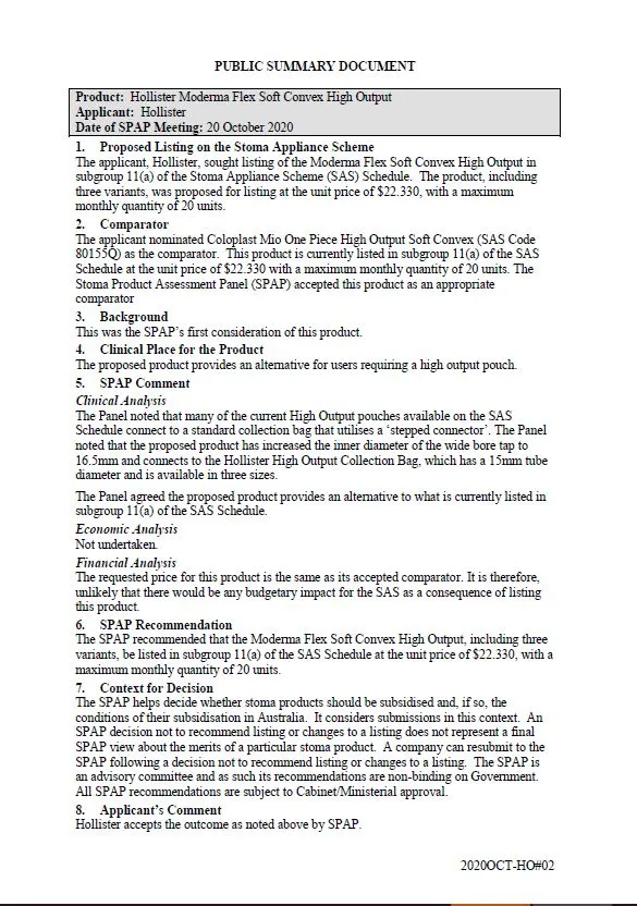 Cover image for SPAP public summary documents – October 2020 – Hollister Moderma Flex soft convex high output