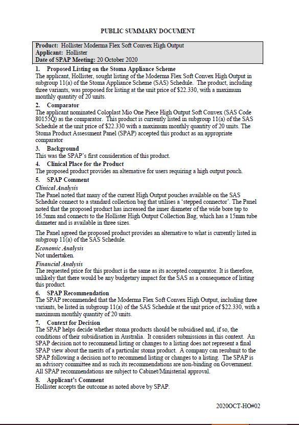 Cover image for SPAP public summary documents – October 2020 – Hollister Moderma Flex soft convex high output