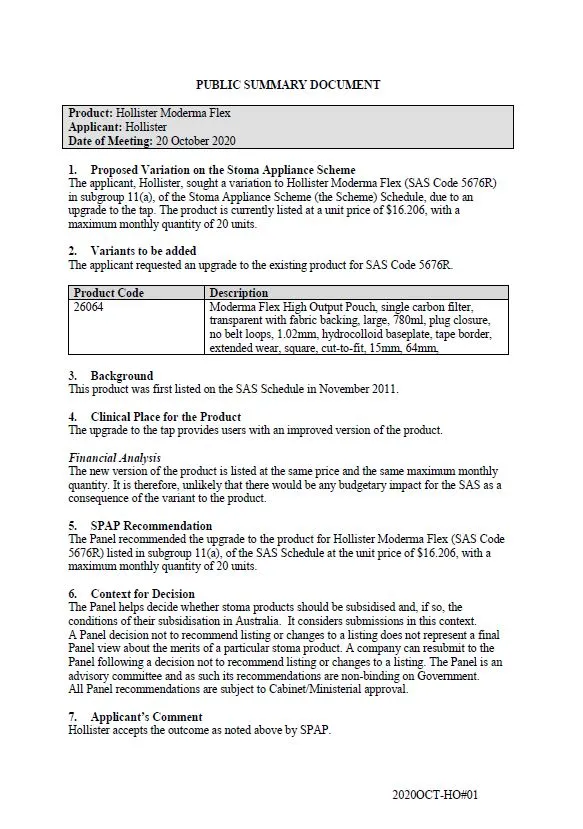Cover image for SPAP public summary documents – October 2020 – Hollister Moderna Flex