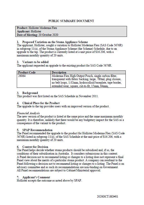 Cover image for SPAP public summary documents – October 2020 – Hollister Moderna Flex