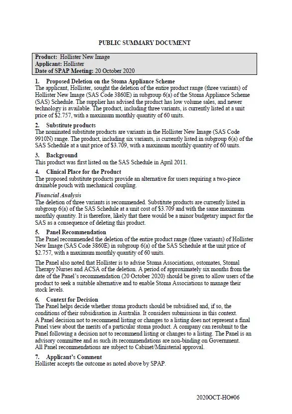 Cover image for SPAP public summary documents – October 2020 – Hollister New Image two-piece drainable pouch with mechanical coupling