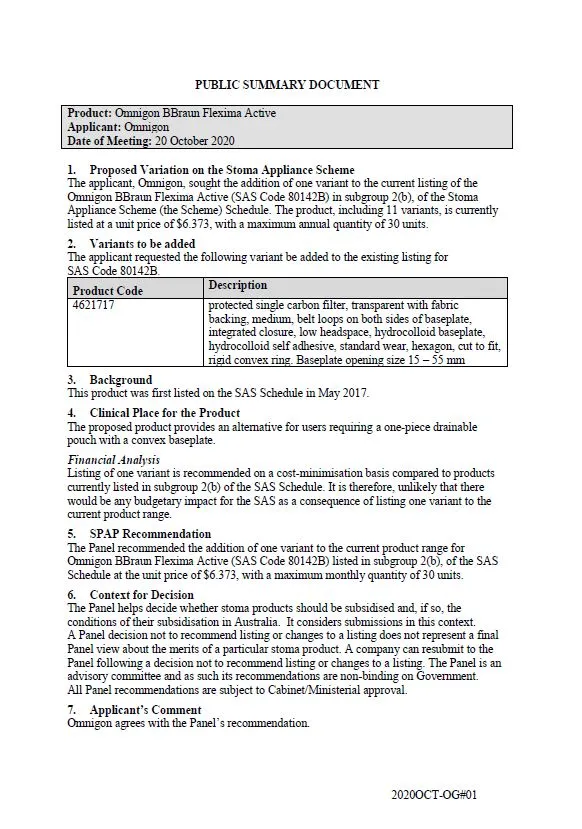 Cover image for SPAP public summary documents – October 2020 – Omnigon BBraun Flexima Active 1-piece drainable pouch with a convex baseplate