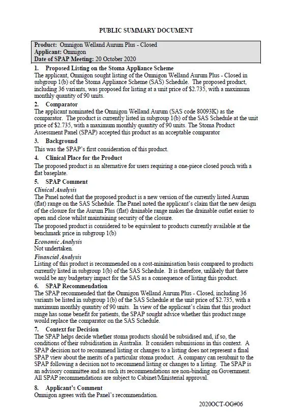 Cover image for SPAP public summary documents – October 2020 – Omnigon Welland Aurum Plus closed