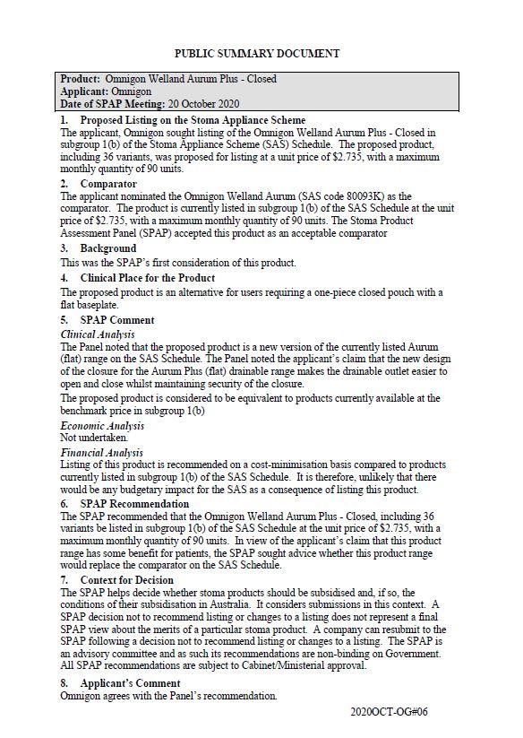 Cover image for SPAP public summary documents – October 2020 – Omnigon Welland Aurum Plus closed