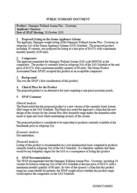 Cover image for SPAP public summary documents – October 2020 – Omnigon Welland Aurum Plus urostomy