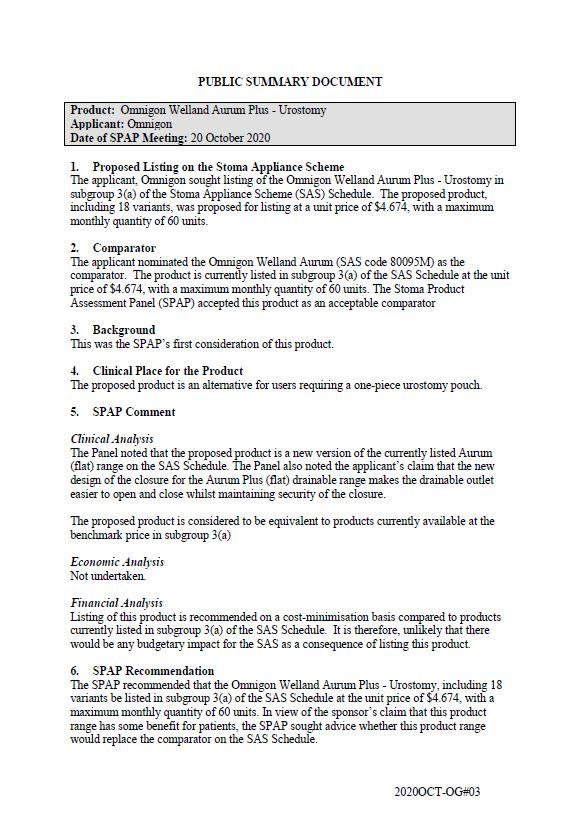 Cover image for SPAP public summary documents – October 2020 – Omnigon Welland Aurum Plus urostomy