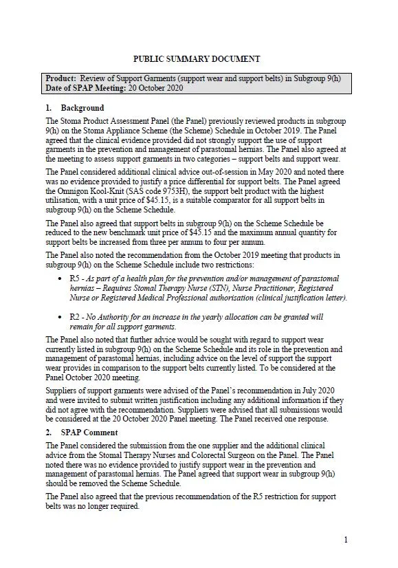 Cover image for Stoma Product Assessment Panel public summary documents – October 2020 – review of support garments