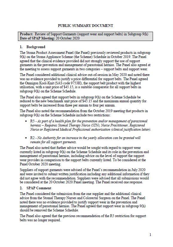 Cover image for Stoma Product Assessment Panel public summary documents – October 2020 – review of support garments