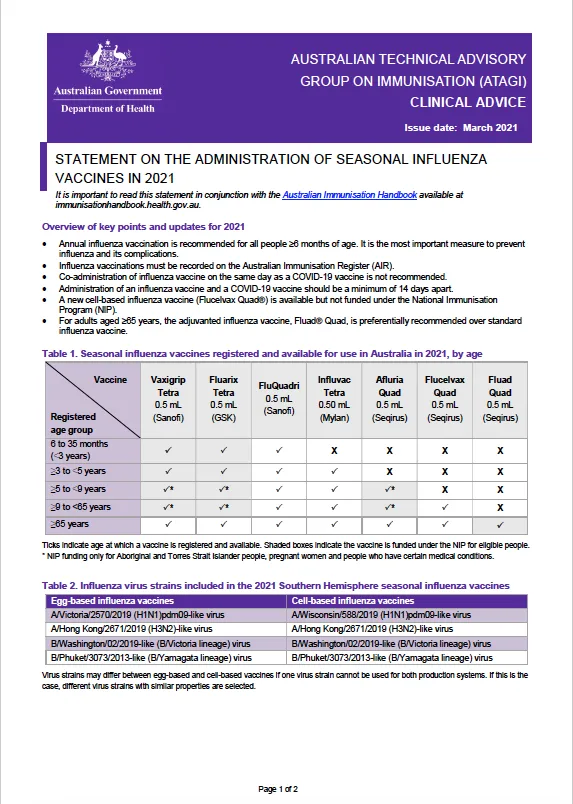 Cover image for ATAGI Statement On The Administration Of Seasonal Influenza Vaccines In 2021