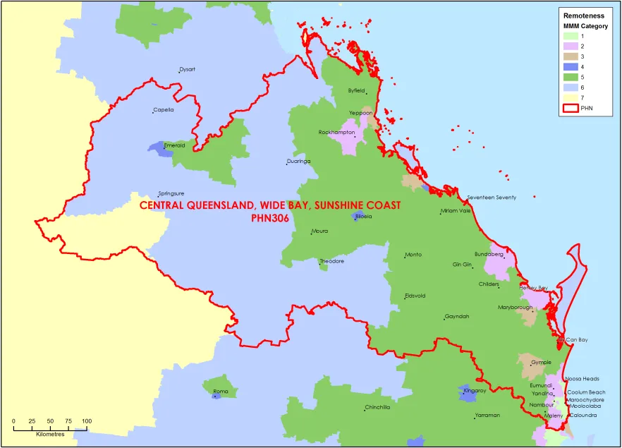 Central Queensland, Wide Bay, Sunshine Coast PHN MMM remoteness area map