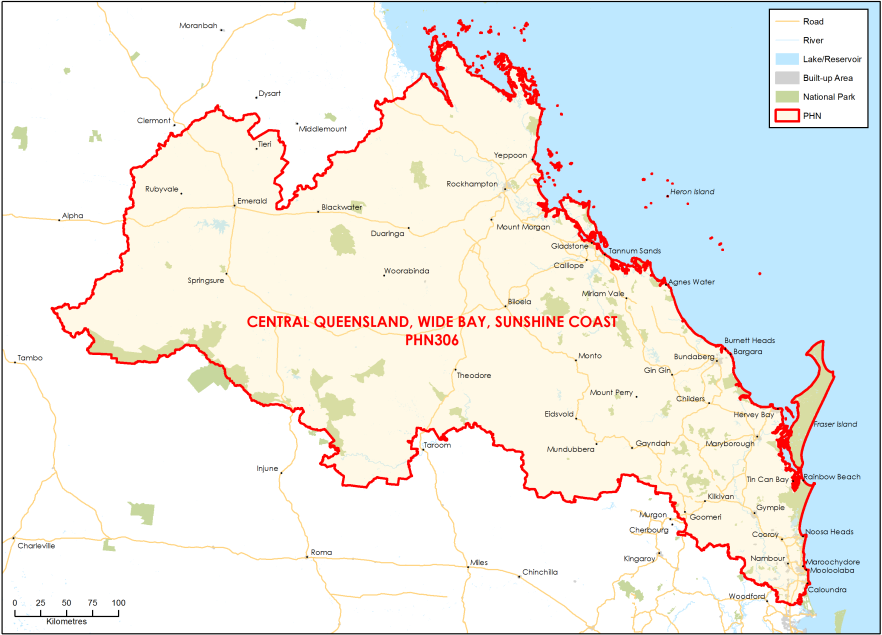 Central Queensland, Wide Bay, Sunshine Coast PHN topographic map