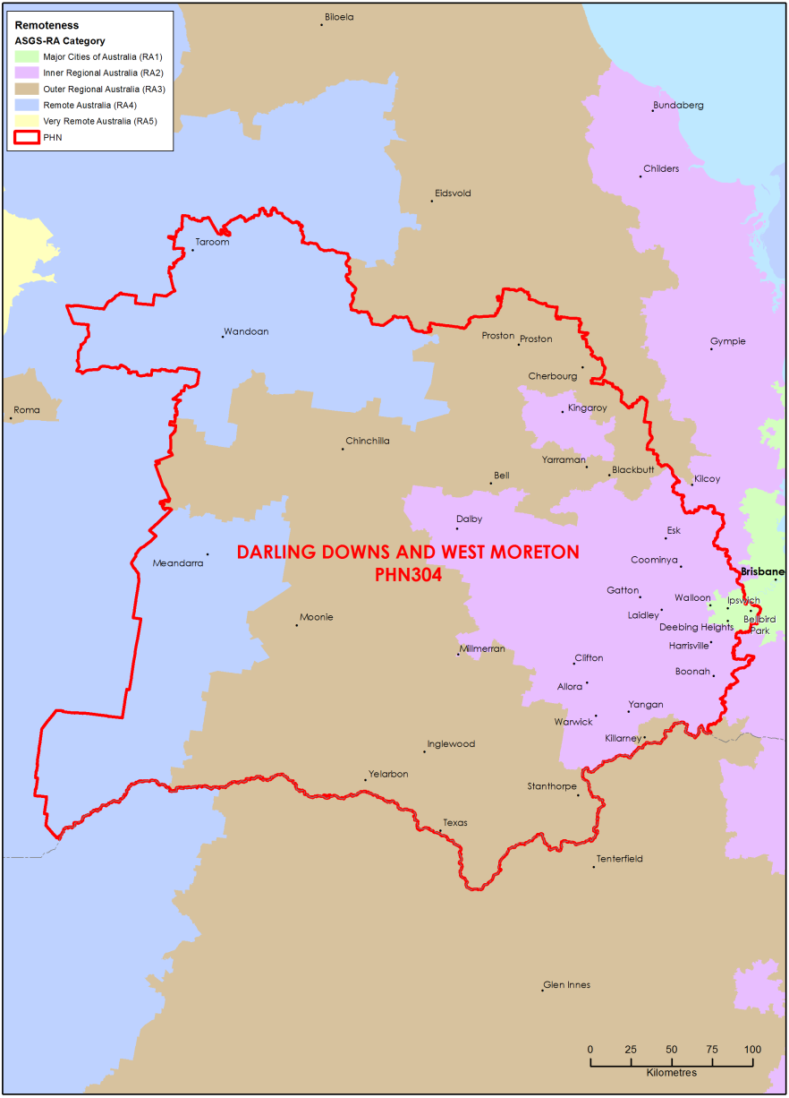 Darling Downs and West Moreton PHN ASGS remoteness area map