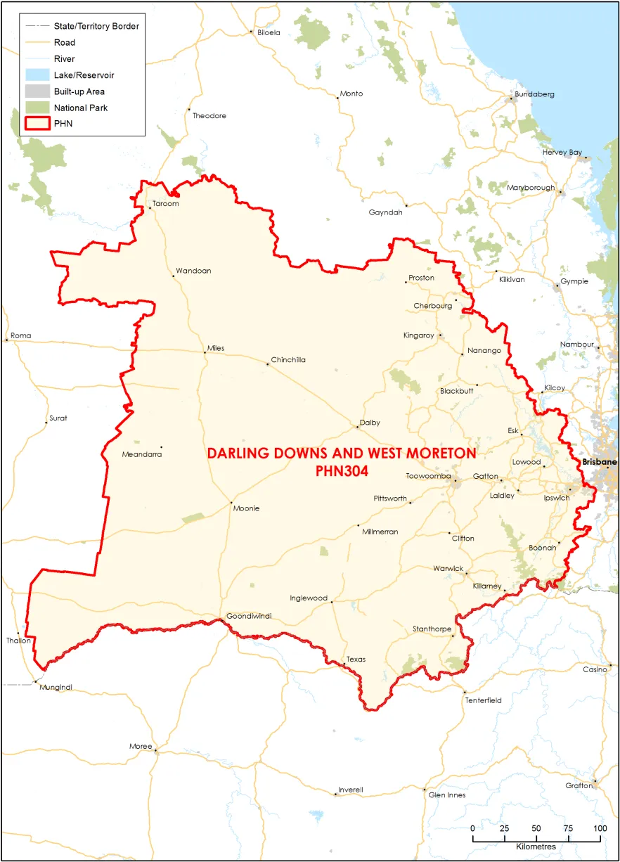 Darling Downs and West Moreton PHN topographic map