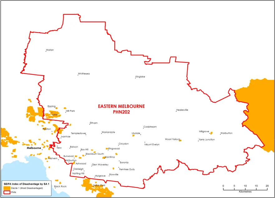 Eastern Melbourne PHN socioeconomic disadvantage map