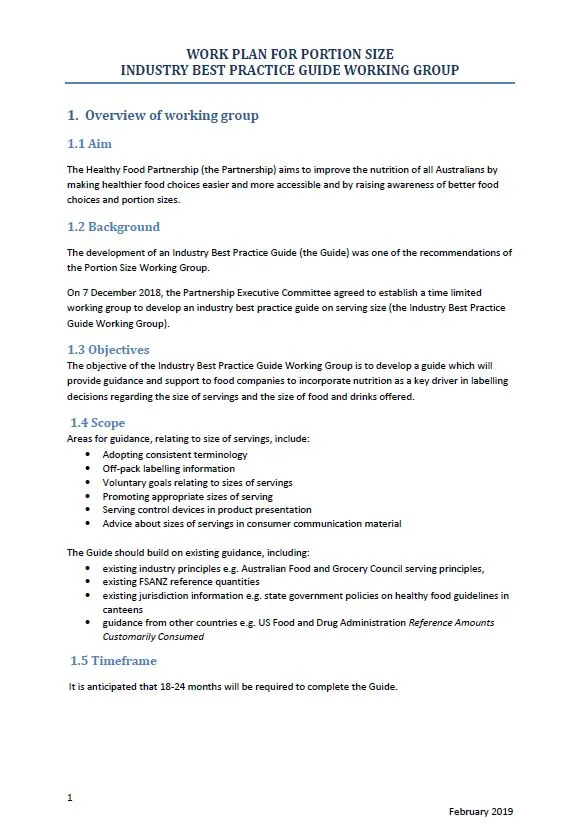 Cover image for Healthy Food Partnership – Industry Best Practice Guide Working Group work plan