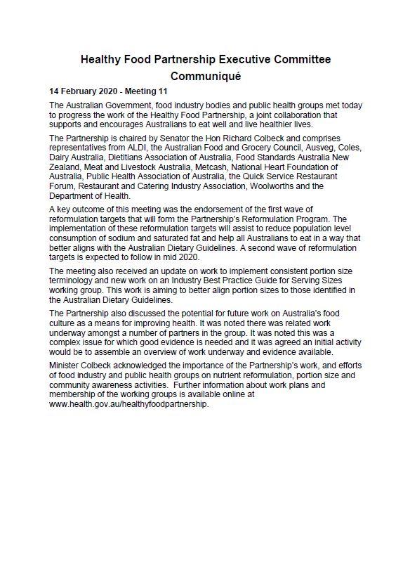 Cover image for the Healthy Food Partnership Program – Executive Committee communique – February 2020