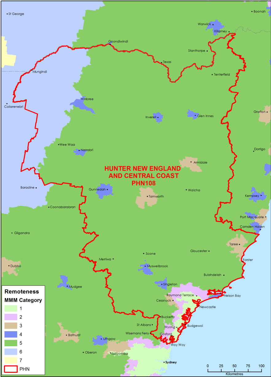 Hunter, New England and Central Coast PHN MMM remoteness area map