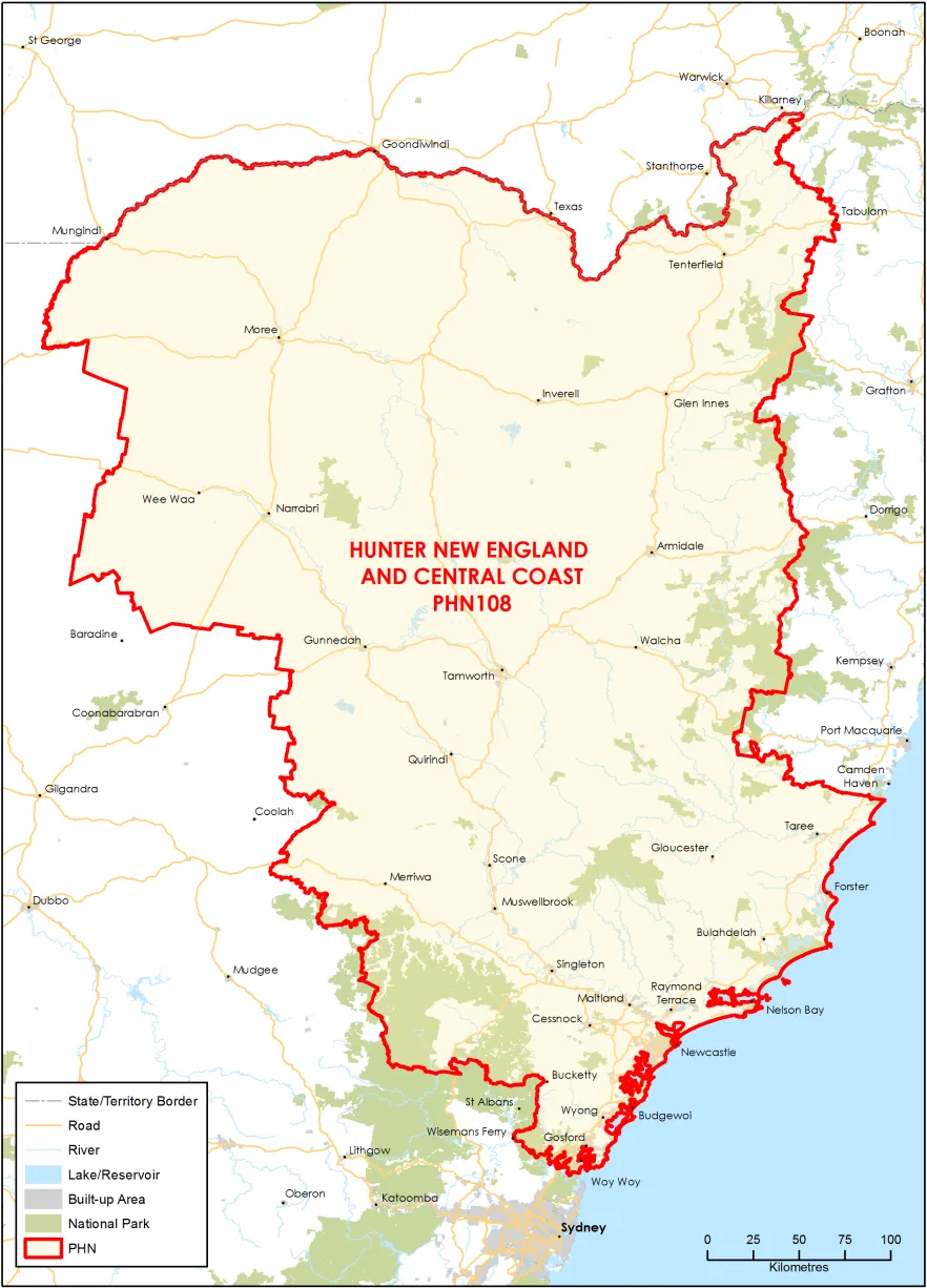 Hunter, New England and Central Coast PHN topographic map