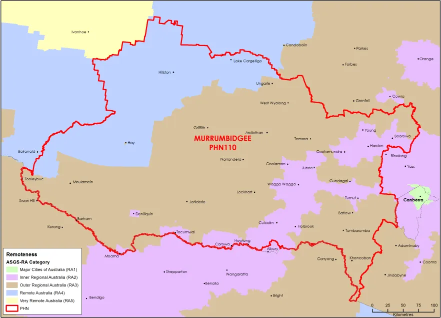 Murrumbidgee PHN ASGS remoteness area map
