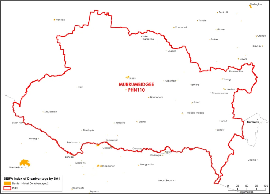Murrumbidgee PHN socioeconomic disadvantage map