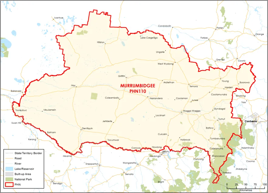 Murrumbidgee PHN topographic map
