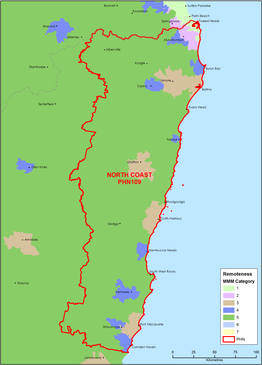 North Coast PHN MMM remoteness area map