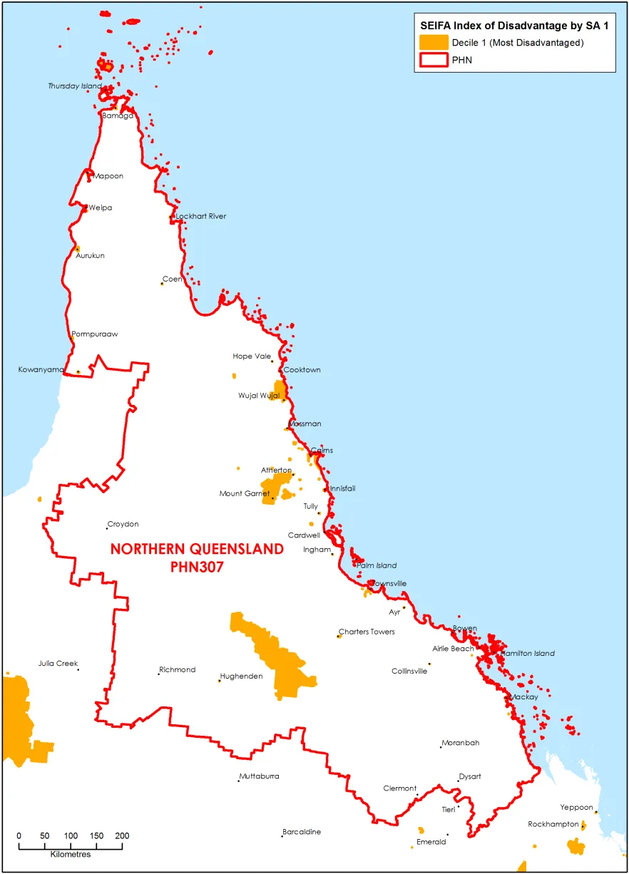 Northern Queensland PHN socioeconomic disadvantage map