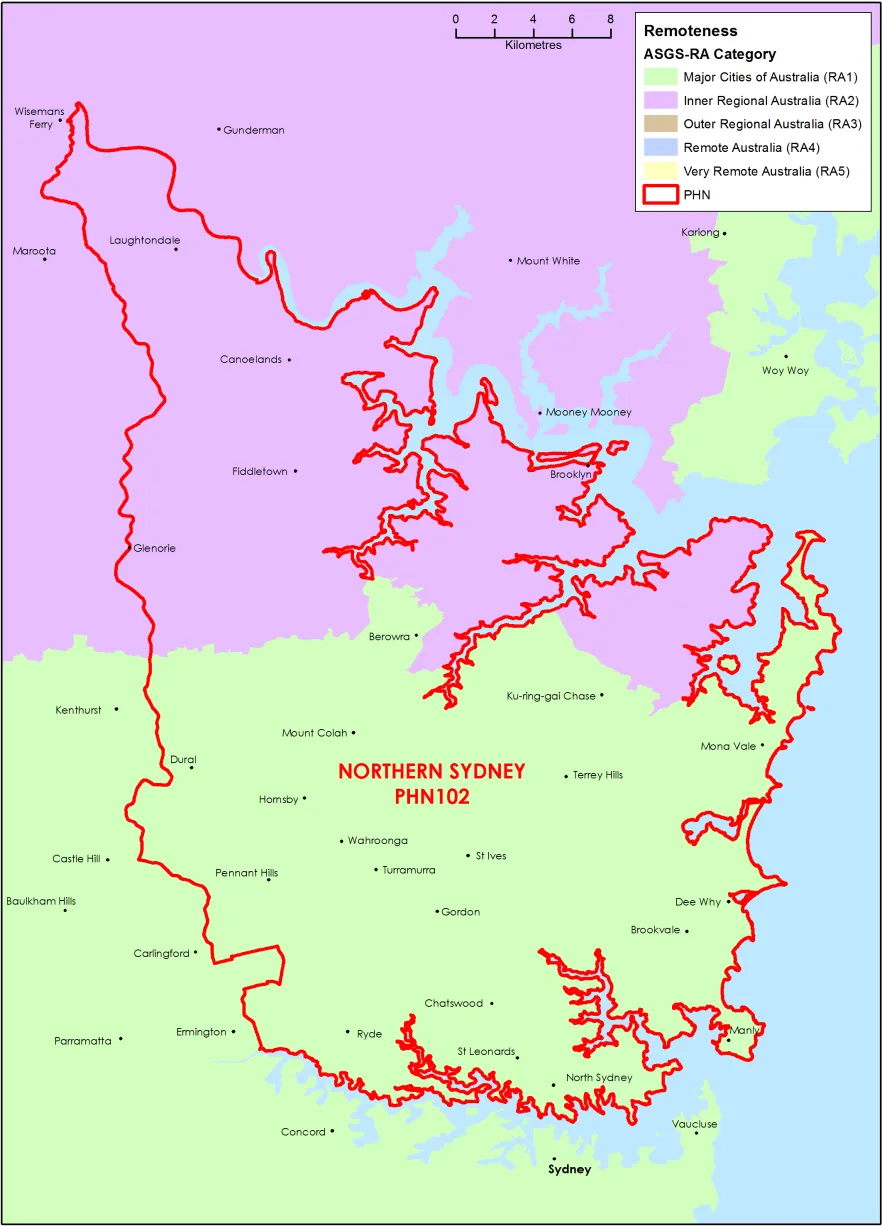 Northern Sydney PHN ASGS remoteness area map