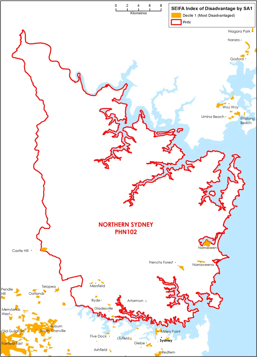 Northern Sydney PHN socioeconomic disadvantage map