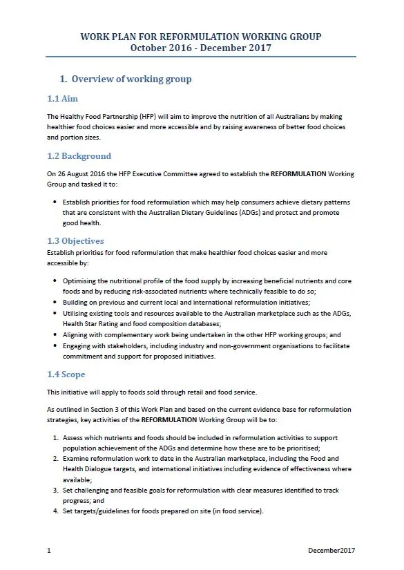 Cover image for Food Reformulation Program – Reformulation Working Group work plan