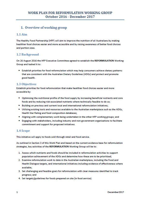 Cover image for Food Reformulation Program – Reformulation Working Group work plan