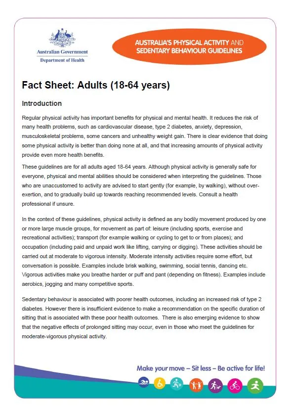 Cover image for Physical activity and sedentary behaviour guidelines – adults (18 to 64 years) – fact sheet
