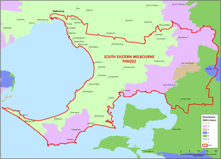 South Eastern Melbourne PHN MMM remoteness area map