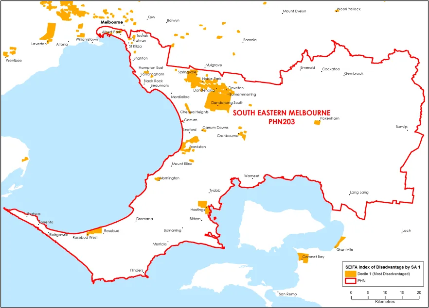 South Eastern Melbourne PHN socioeconomic disadvantage map