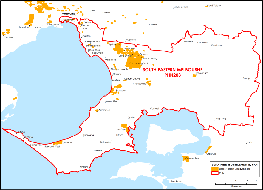 South Eastern Melbourne PHN socioeconomic disadvantage map