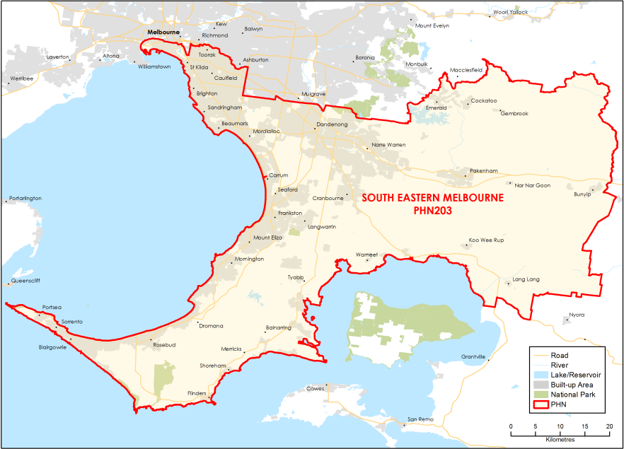 South Eastern Melbourne PHN topographic map