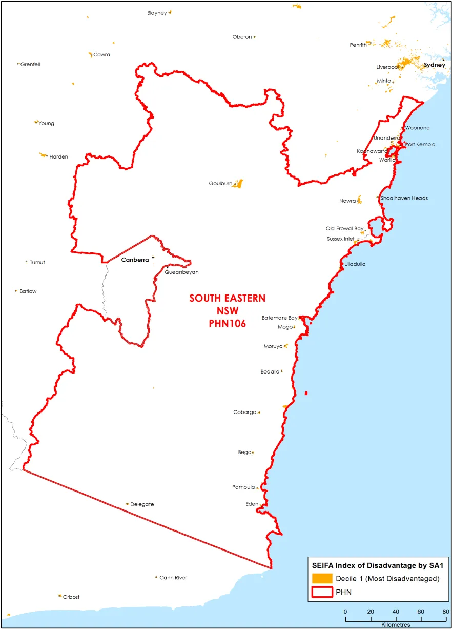 South Eastern New South Wales PHN socioeconomic disadvantage map