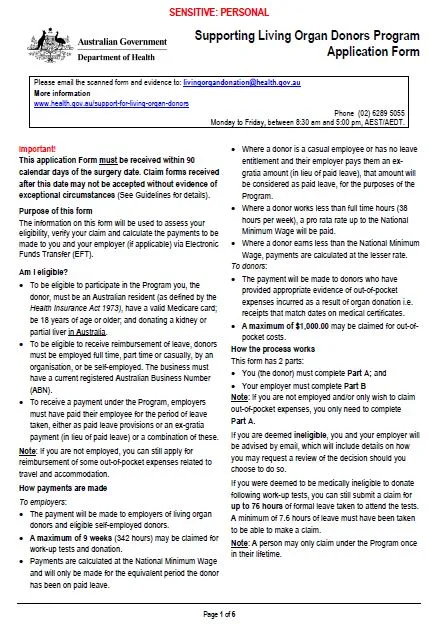 Supporting Living Organ Donors Program claim form