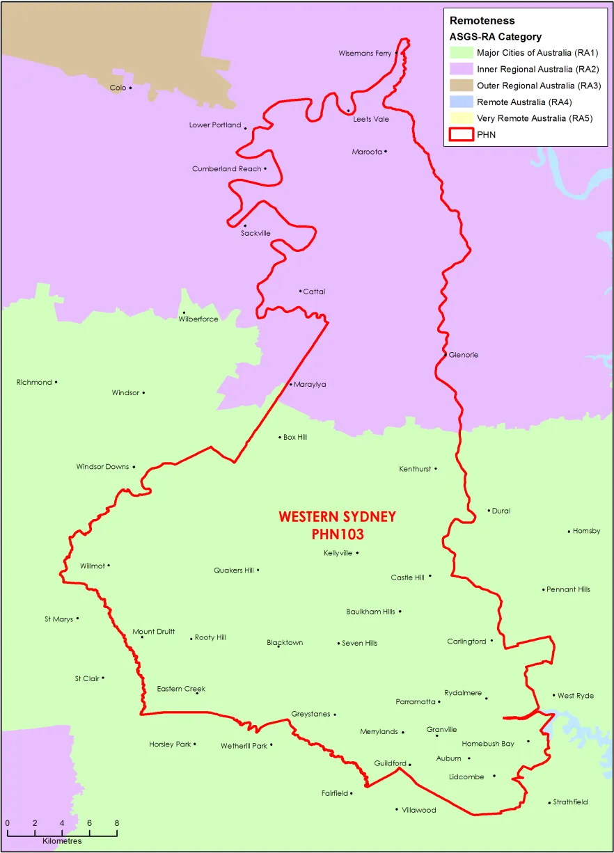 Western Sydney PHN ASGS remoteness area map