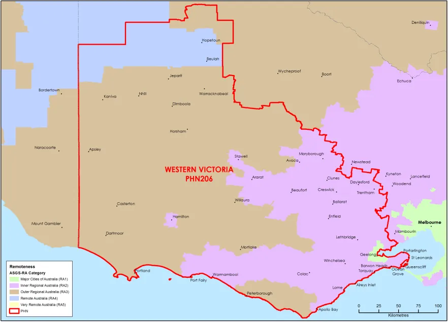 Western Victoria PHN ASGS remoteness area map