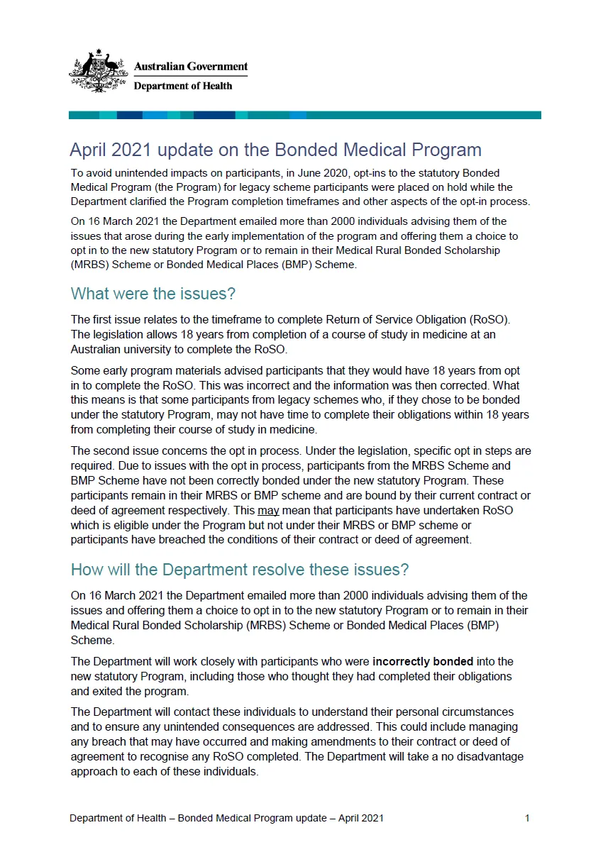 Bonded Medical Program update – April 2021