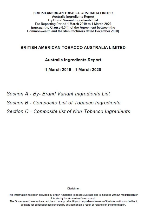 British American Tobacco Australia – cigarette ingredients cover