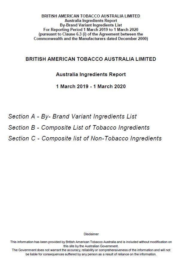 British American Tobacco Australia – cigarette ingredients cover